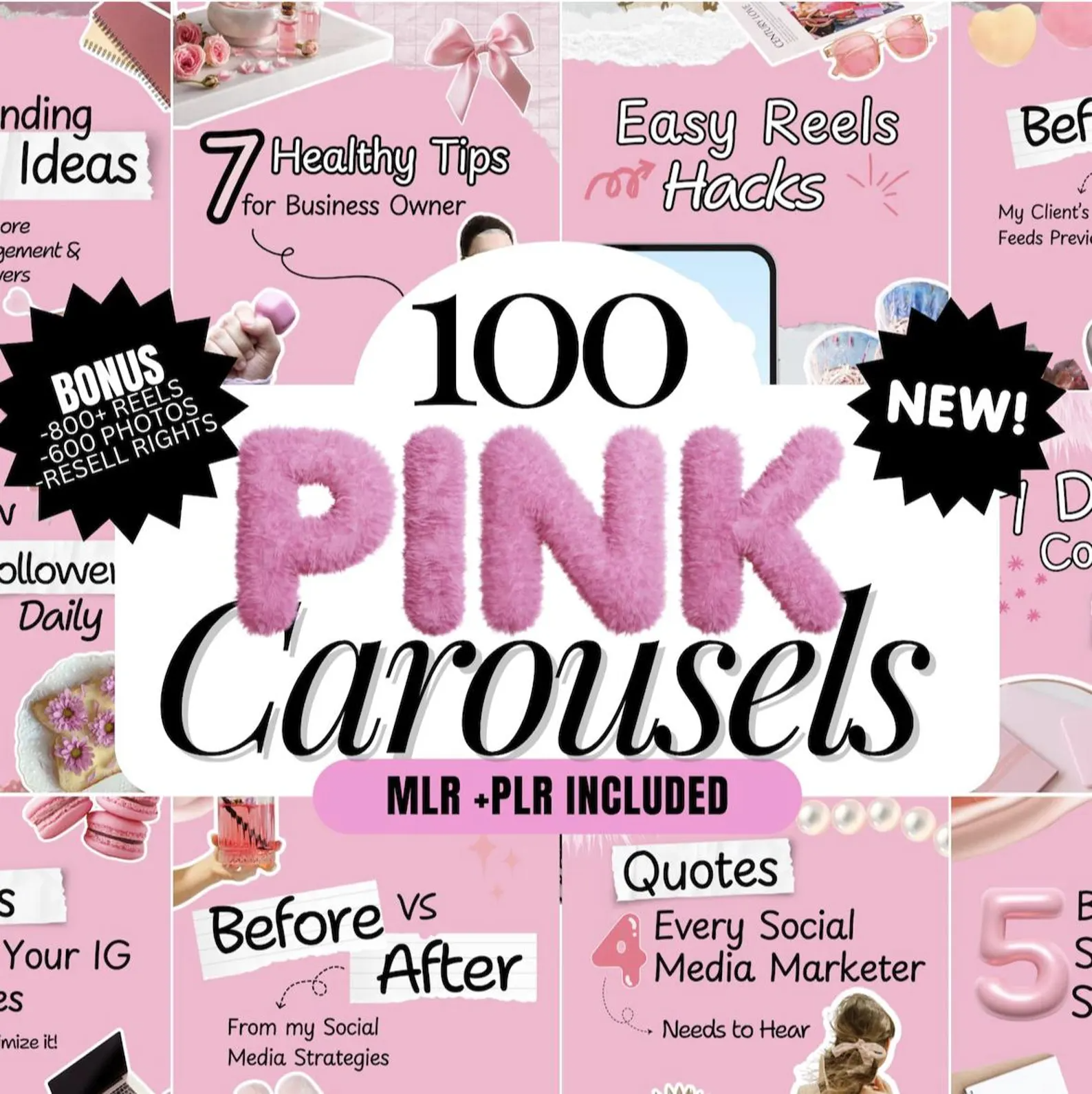 100 Pink Instagram Carousel Templates | Canva Editable + PLR & MRR Resell Rights